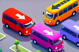 Farebné autobusy s veľkými šípkami na strechách na parkovisku