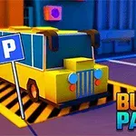 Žltý autobus s psími ušami parkuje na vyhradenom mieste v kreslenom meste s nápisom Bus Parking