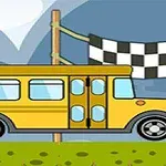 Žltý autobus prechádza cieľovou čiarou s čierno-bielou šachovnicovou vlajkou v pozadí hôr