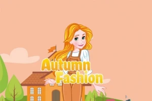 Mladá žena s dlhými oranžovými vlasmi, oblečená v hnedom oblečení pred domom a text Autumn Fashion