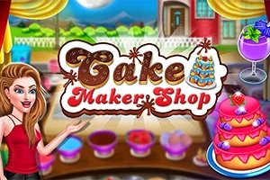 Žena v červenom tričku ukazuje na nápis Cake Maker Shop so zdobenou tortou a miskami s ingredienciami na pozadí