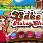 Žena v červenom tričku ukazuje na nápis Cake Maker Shop so zdobenou tortou a miskami s ingredienciami na pozadí