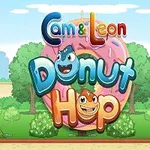 Farebné písmo s nápisom Cam & Leon Donut Hop pred veľkým ružovým donutom s polevou, umiestnené na pozadí parku s kríkmi a stromami