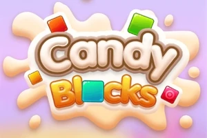 Farebný nápis Candy Blocks na fialovom pozadí s okolo rozmiestnenými farebnými štvorcami