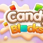 Farebný nápis Candy Blocks na fialovom pozadí s okolo rozmiestnenými farebnými štvorcami