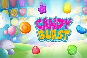 Farebný obraz so sladkosťami a nápisom Candy Burst na svetelej fantazijnej krajine