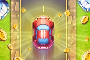 Červené auto jazdí po ceste lemovanej mincami a trávou