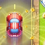 Červené auto jazdí po ceste lemovanej mincami a trávou