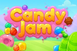 Farebný nápis Candy Jam na ružovom pozadí s cukríkmi a zelenými kopcami
