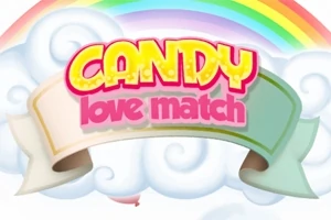 Nápis Candy Love Match na oblakoch a duhe v pozadí