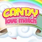 Nápis Candy Love Match na oblakoch a duhe v pozadí