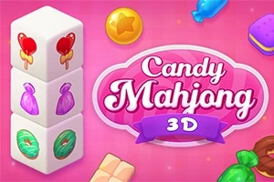 Ružové pozadie s cukrovinkami a blokmi so symbolmi sladkostí na kockách s nápisom Candy Mahjong 3D