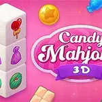 Ružové pozadie s cukrovinkami a blokmi so symbolmi sladkostí na kockách s nápisom Candy Mahjong 3D