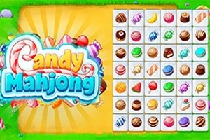 Farebná obrazovka s logom Candy Mahjong a hracou plochou plnou rôznych sladkostí na zelenom pozadí