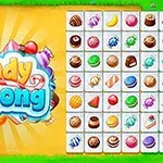 Farebná obrazovka s logom Candy Mahjong a hracou plochou plnou rôznych sladkostí na zelenom pozadí
