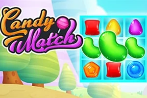 Farebný mriežkovaný vzor so sladkosťami rôznych tvarov a farieb, text Candy Match naľavo a kreslená krajina s pastelovými stromami v pozadí