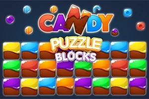 Farebné bloky a sladkosti s nápisom Candy Puzzle Blocks na tmavomodrom pozadí