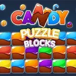 Farebné bloky a sladkosti s nápisom Candy Puzzle Blocks na tmavomodrom pozadí