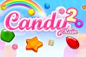 Farebná grafika s nápisom Candy Rain 2 obklopená cukrovinkami rôznych tvarov a dúhou na modrom pozadí