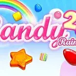 Farebná grafika s nápisom Candy Rain 2 obklopená cukrovinkami rôznych tvarov a dúhou na modrom pozadí