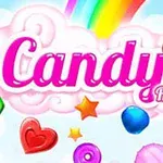 Farebná ilustrácia s nápisom Candy Rain, obklopená cukríkmi, motýľom a dúhou na modrom pozadí