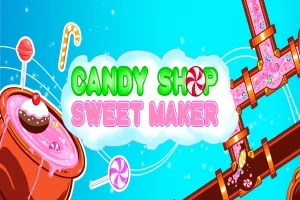 Ružové cukrovinky tečúce potrubím, cukrová lízanka a sladkosti v pozadí s nápisom Candy Shop Sweet Maker