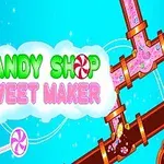 Ružové cukrovinky tečúce potrubím, cukrová lízanka a sladkosti v pozadí s nápisom Candy Shop Sweet Maker