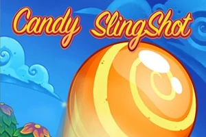 Farebná ilustrácia s veľkou oranžovou cukrovinkou na modrom pozadí s oblakmi a kvetmi, s nápisom Candy SlingShot hore