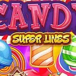 Rôznofarebné cukríky vo veselom usporiadaní s veľkým nápisom CANDY SUPER LINES