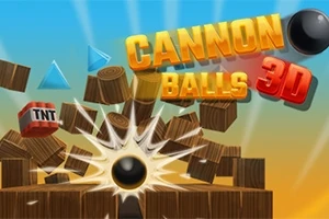 Výbuch čiernej gule medzi drevenými debnami a TNT blokmi s farebným textom „CANNON BALLS 3D“ na pozadí svetlej oblohy