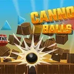 Výbuch čiernej gule medzi drevenými debnami a TNT blokmi s farebným textom „CANNON BALLS 3D“ na pozadí svetlej oblohy
