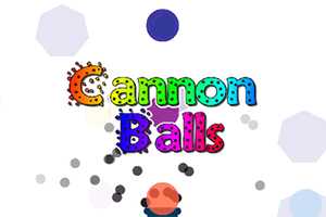 Farebný nápis Cannon Balls s farebnými tvarmi a časticami na bielom pozadí