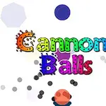 Farebný nápis Cannon Balls s farebnými tvarmi a časticami na bielom pozadí