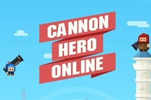 Postavy s delom na veži a jasný nápis Cannon Hero Online na modrej oblohe