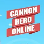 Postavy s delom na veži a jasný nápis Cannon Hero Online na modrej oblohe