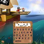 Pirátska loď s čiernou vlajkou, dvaja piráti na doske nad morom a herný panel s písmenami