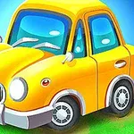 Žlté kreslené autíčko na zelenej tráve s modrou oblohou v pozadí