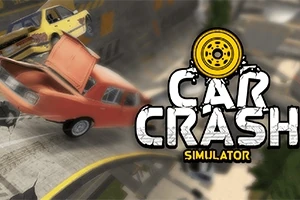 Zrážka automobilov na ceste s roztrhnutým kufrom a výrazným názvom Car Crash Simulator