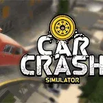 Zrážka automobilov na ceste s roztrhnutým kufrom a výrazným názvom Car Crash Simulator
