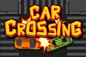 Nápis Car Crossing s oranžovým a zeleným autom v kolízii na priechode pre chodcov