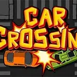 Nápis Car Crossing s oranžovým a zeleným autom v kolízii na priechode pre chodcov