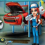 Mechanik opravuje auto v garáži s veľkým kľúčom a nástrojmi na podlahe