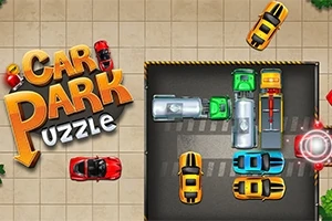 Farebné autá zoradené v parkovisku s nápisom Car Park Puzzle v ľavom hornom rohu