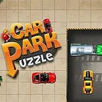 Farebné autá zoradené v parkovisku s nápisom Car Park Puzzle v ľavom hornom rohu