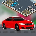 Červené auto na ceste vedľa parkoviska so značkou P pre parkovanie