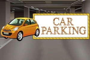 Oranžové auto zaparkované v garáži vedľa veľkej tabule s textom Car Parking
