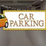 Oranžové auto zaparkované v garáži vedľa veľkej tabule s textom Car Parking