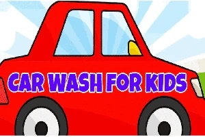 Červené auto s nápisom CAR WASH FOR KIDS na modrom pozadí