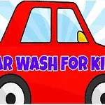 Červené auto s nápisom CAR WASH FOR KIDS na modrom pozadí