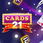 Nápis CARDS 21 s farebnými blikajúcimi svetlami a poletujúcimi hracími kartami na farebnom pozadí